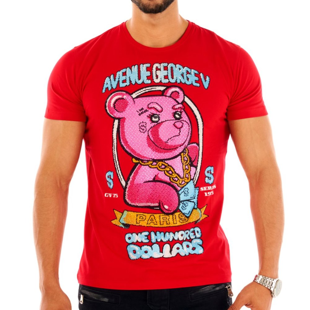 Avenue George V Paris Luxury Red T-Shirt Rhinestone Teddy Bear XL NWT